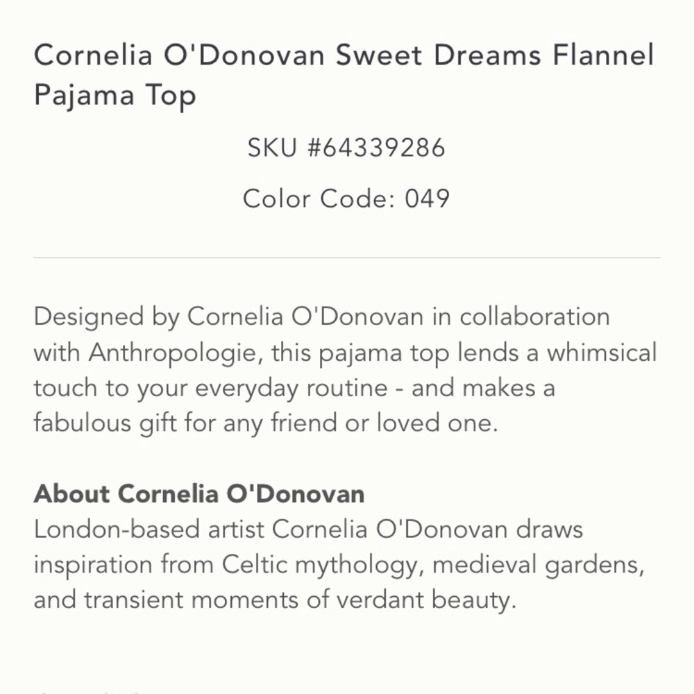 Anthropologie Cornelia O’Donovan Sweet Dreams Flannel Pajama Top Size M New Tag - Picture 4 of 10